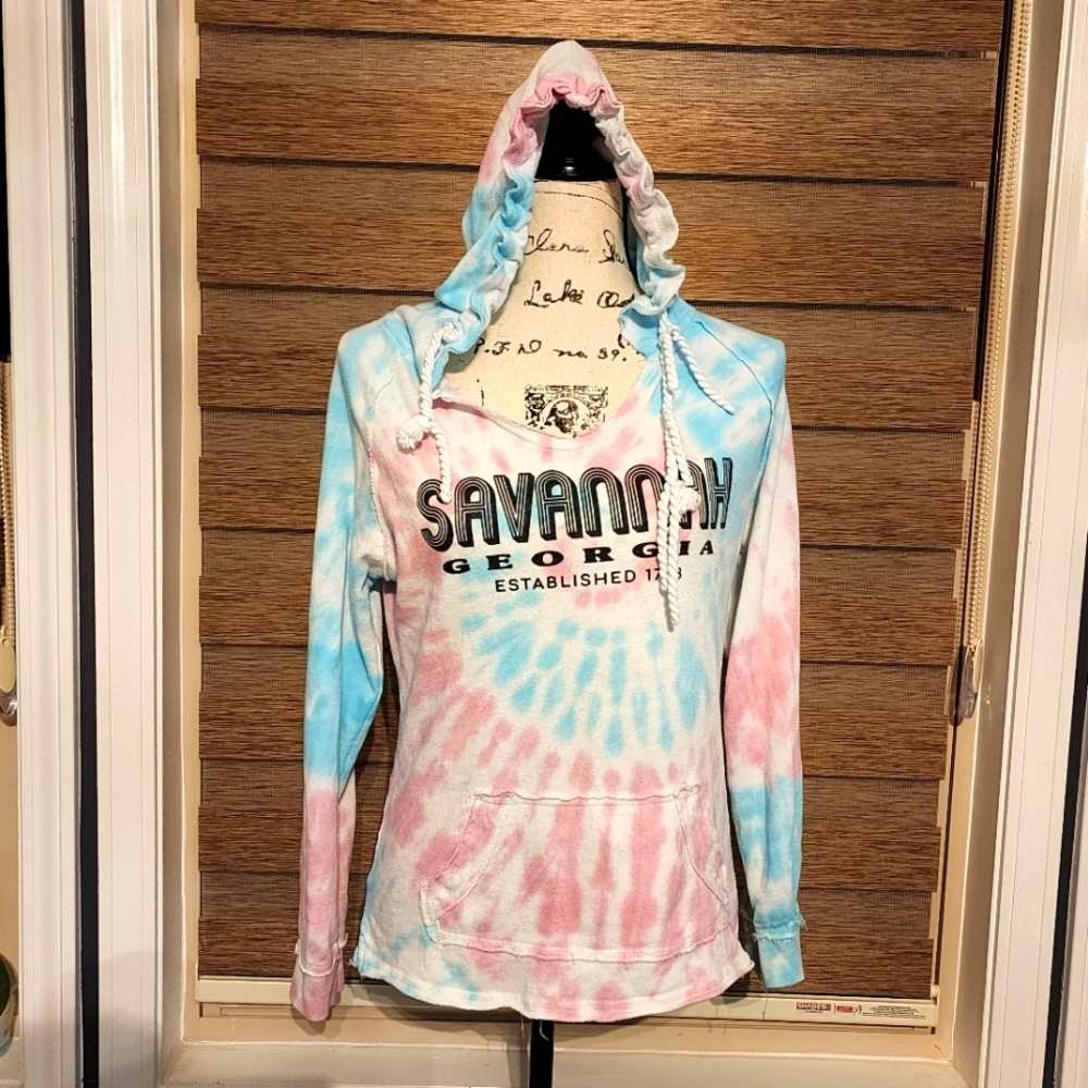 Savanna Tie Dye Cropped Hoodie Long Sleeve T-shirt Sz S Blue